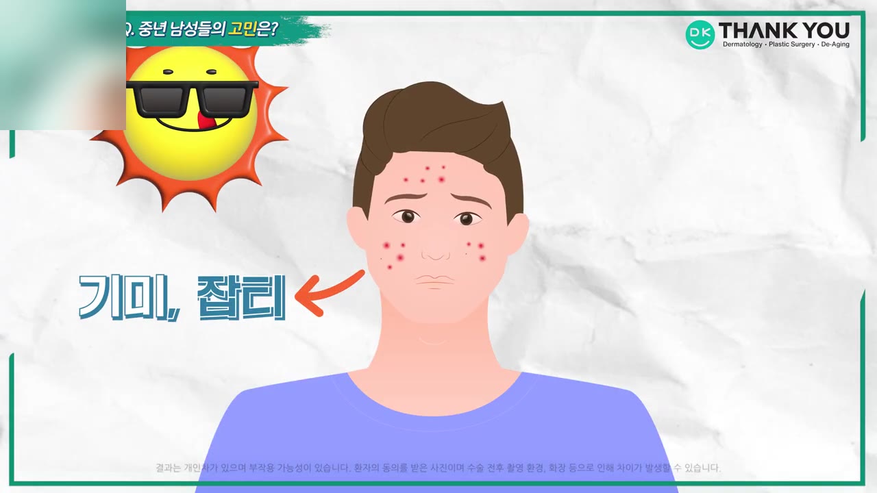 남성 피부 고민 정보 영상 사례 - 'Q. 중년 남성들의 고민은?' 질문 띠 아래 선글라스 낀 해 일러스트와 얼굴에 붉은 점이 표시된 남성 일러스트, '기미, 잡티' 문구가 있는 피부과 유튜브 장면